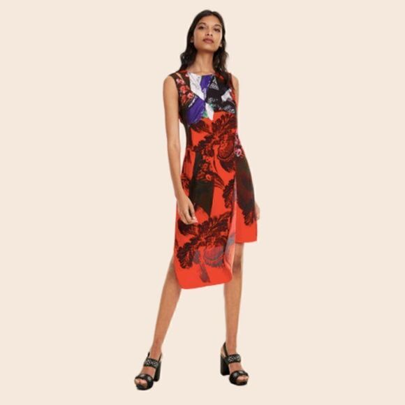 Desigual Red & Black Floral Asymmetric Nagar Mini Dress Size Small (US) - Picture 1 of 16